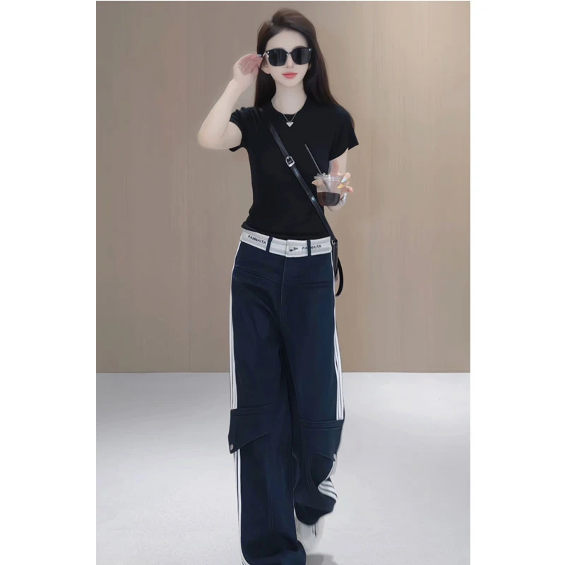 2025夏季黑色圆领短袖T恤显瘦直筒休闲裤甜酷风韩版小个子两件套