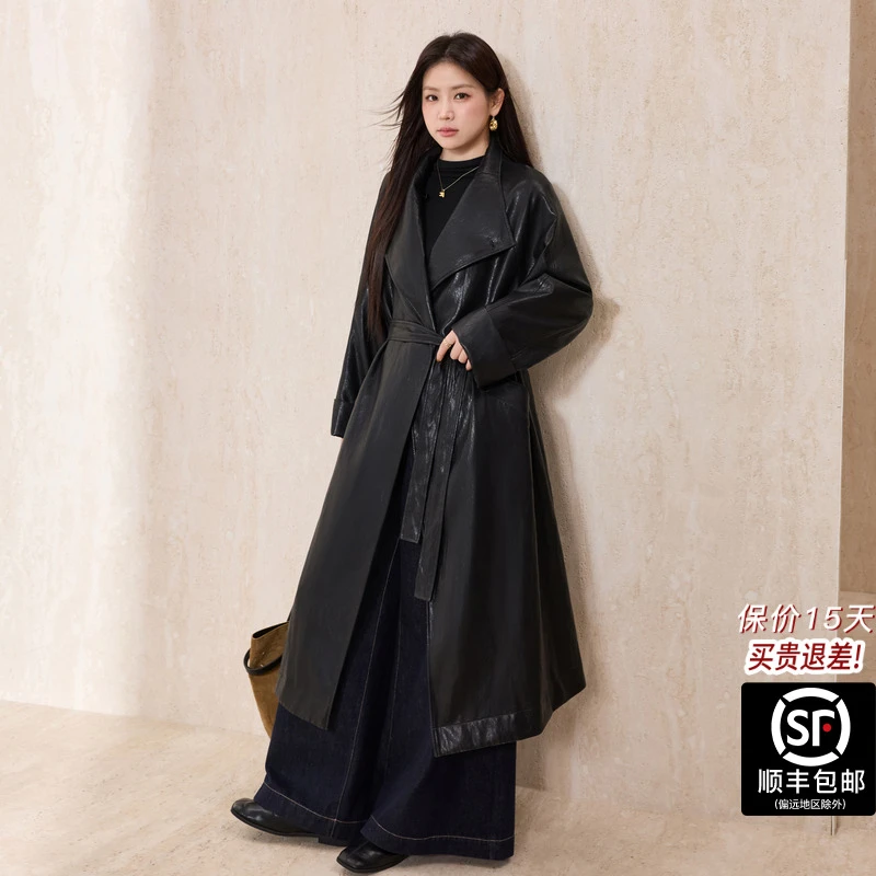 蓝语大码高级光泽感立领PU皮长款皮衣女2025秋冬肌理宽松收腰外套