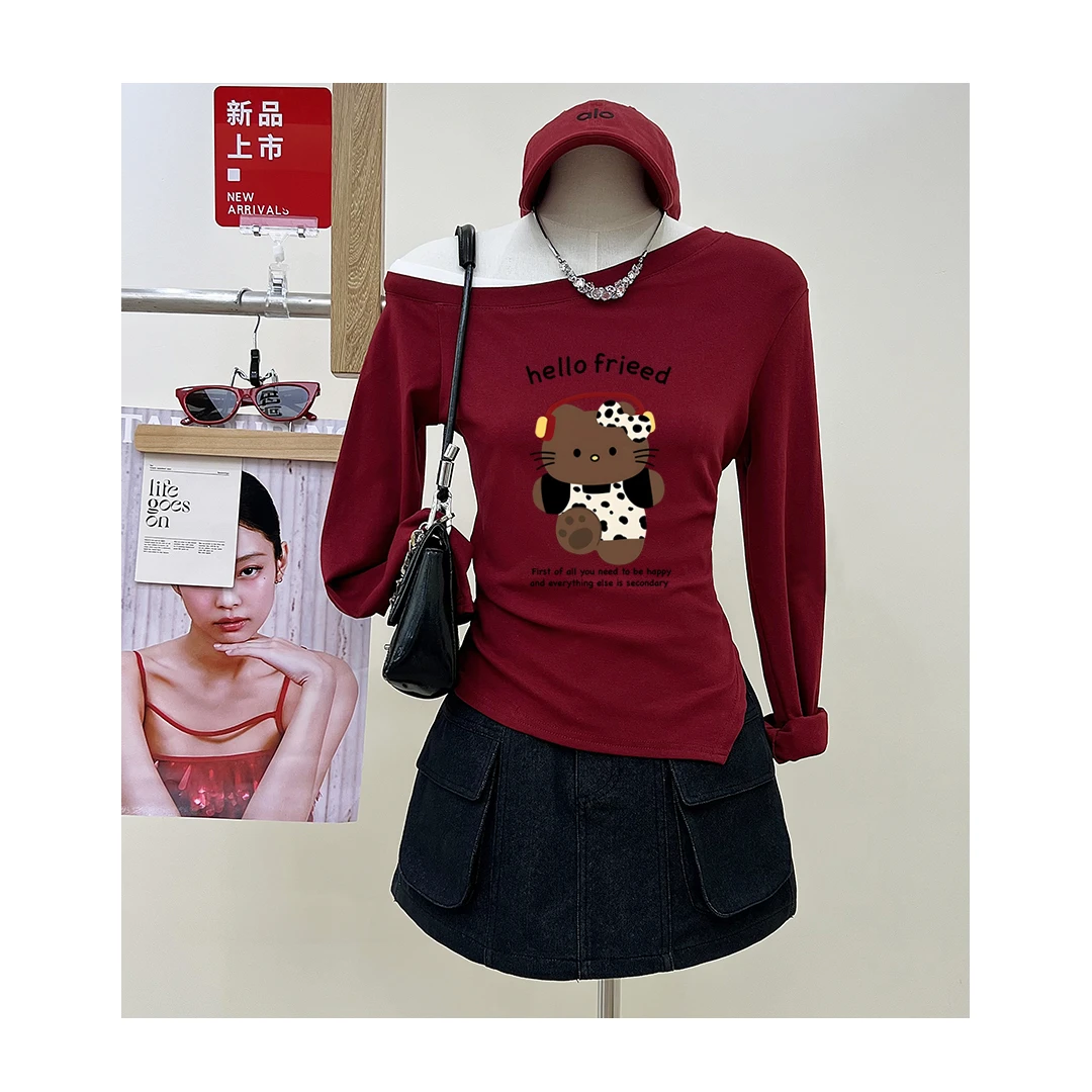 斜肩露肩长袖网红款女秋季内搭打底衫一字肩时尚修身显瘦上衣