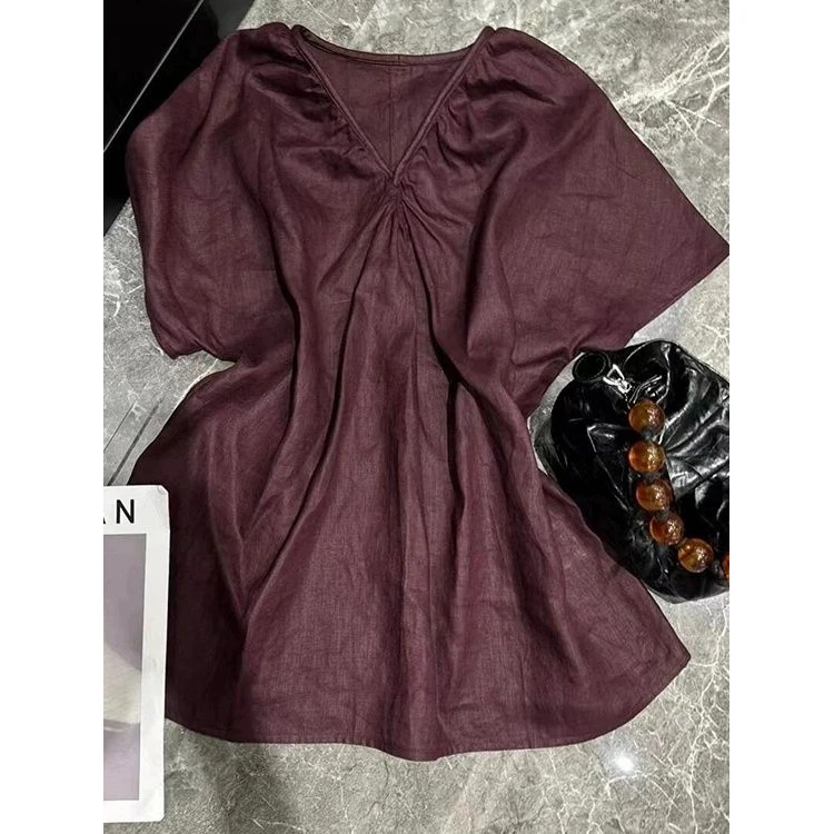 一眼就爱上了，巨好看！紫红色抽褶v领短袖衬衫宽松防晒上衣女夏季