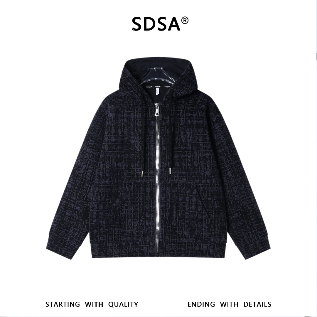SDSA男士秋冬新款痞帅男装高级感提花格纹格子拉链连帽卫衣外套