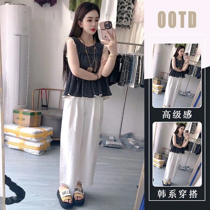 韩系高级感穿搭套装2025夏款木耳蕾丝边格子上衣宽松休闲裤两件套