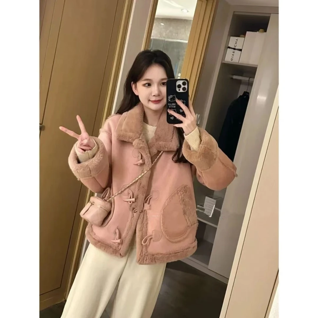 XY冬季加厚牛角扣毛外套小个子机车服女时尚百搭皮毛一体轻奢