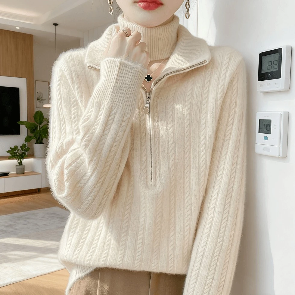 鄂尔多斯市羊绒衫女款半拉链半高领时尚减龄厚款气质100羊毛衫女