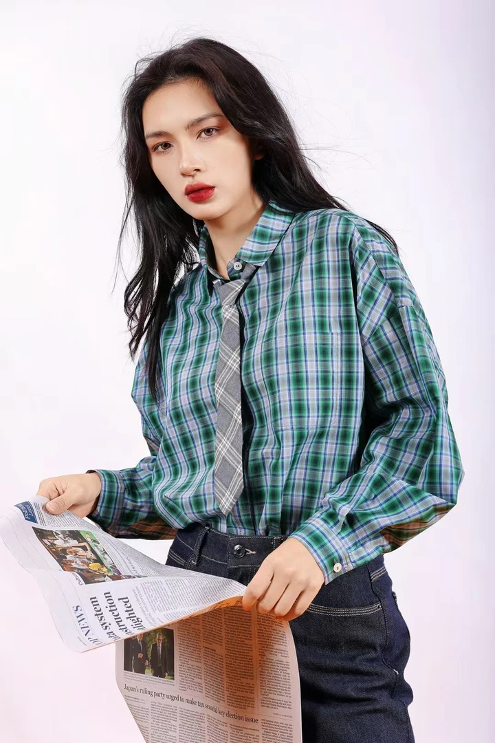 经典格纹长袖衬衫慵懒风宽松休闲上衣
