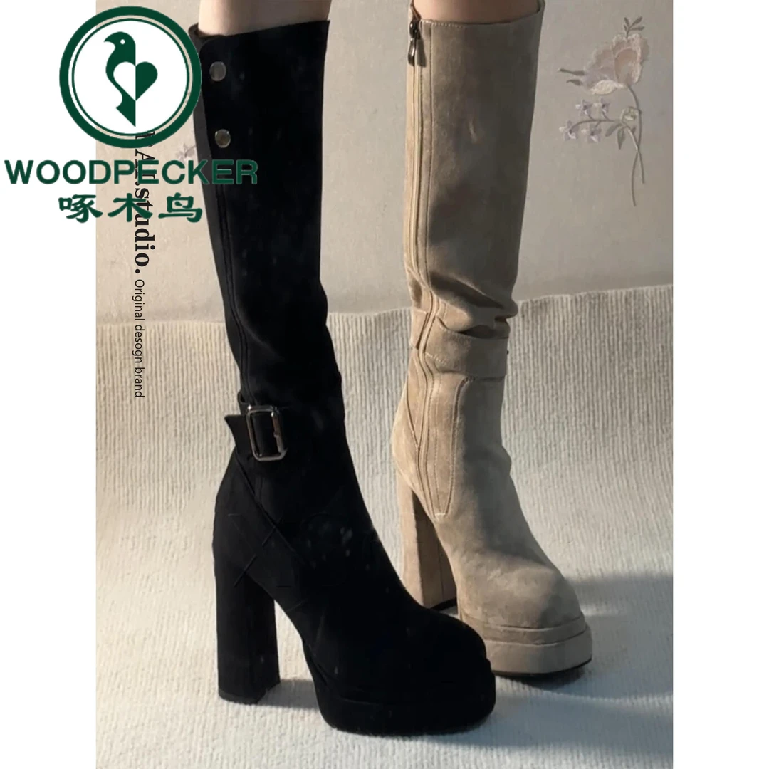啄木鸟小个子超高跟长筒靴女2025新款秋季绒面高筒弹力厚底瘦瘦靴