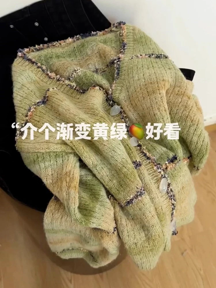 韩系设计感渐变色针织开衫女2025秋冬新款宽松显瘦百搭时尚上衣潮