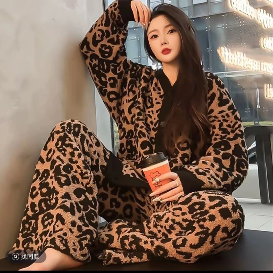 豹纹珊瑚绒睡衣韩版高级感加厚开衫保暖家居服套装