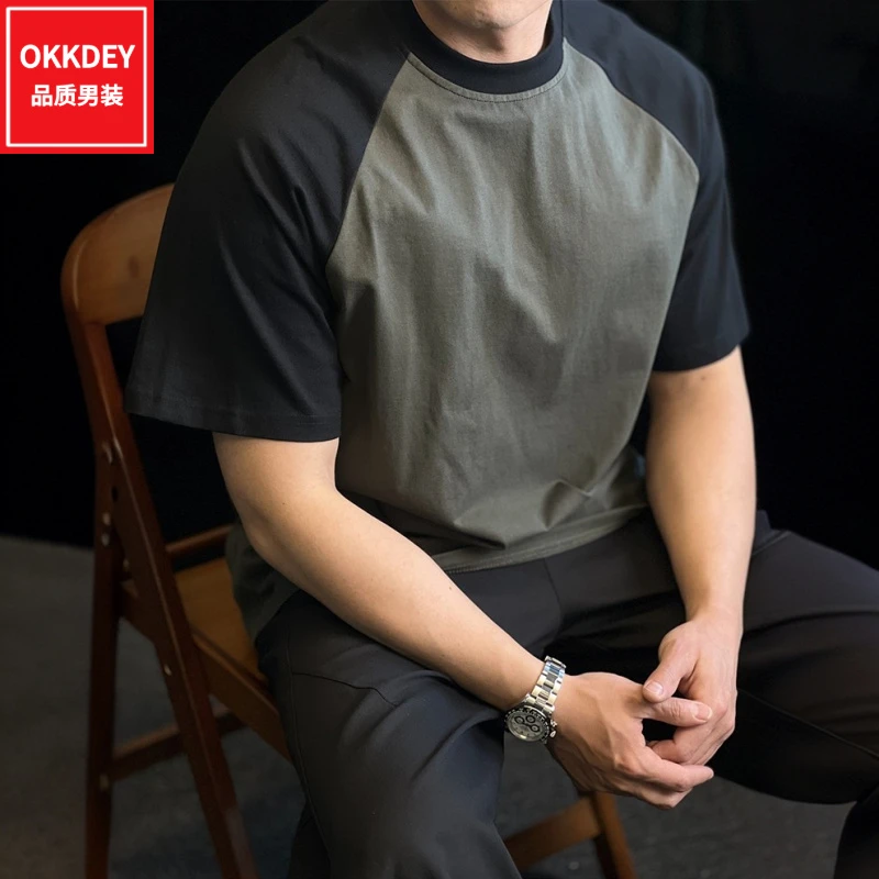 高品质重磅拼色短袖t恤男士宽松透气打底衫夏季薄款休闲圆领上衣