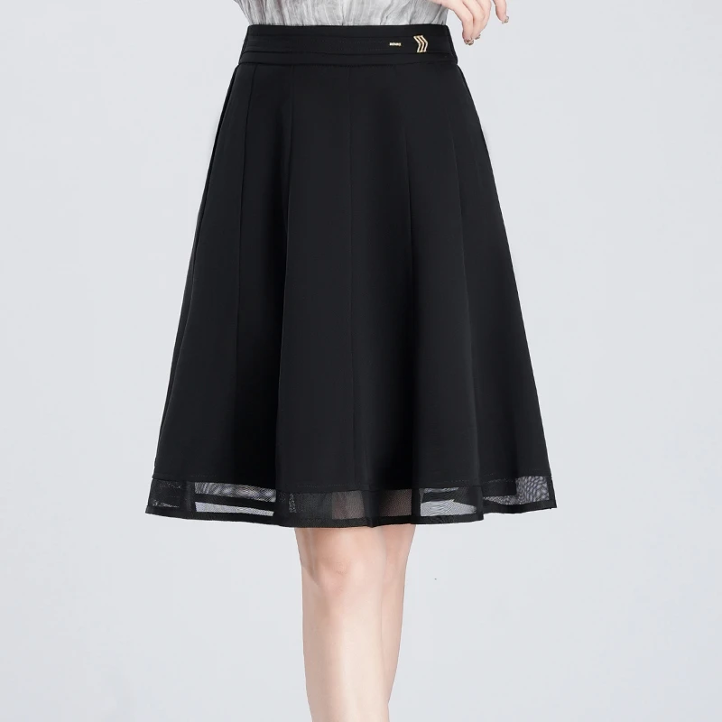 2025夏季黑色网纱半身裙a字裙高腰小个子短裙百褶裙大摆时尚伞裙
