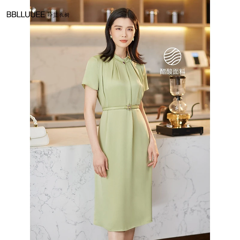 【晨粉专享价】【醋酸缎面连衣裙】粉蓝衣橱中式立领A字裙夏新款长裙