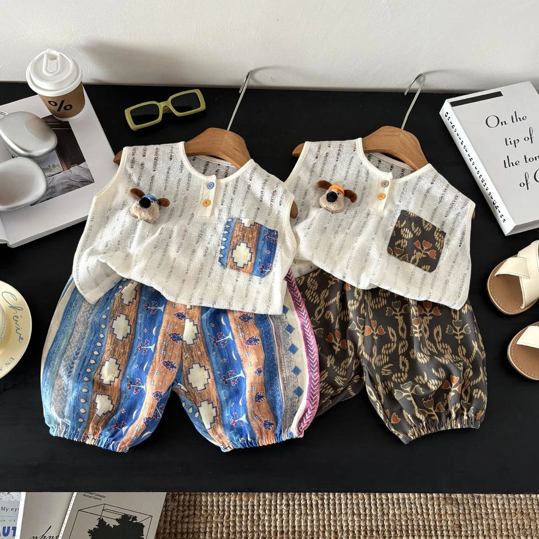 新款夏季儿童无袖背心套装男女童宝韩版透气凉感休闲时尚洋气薄款