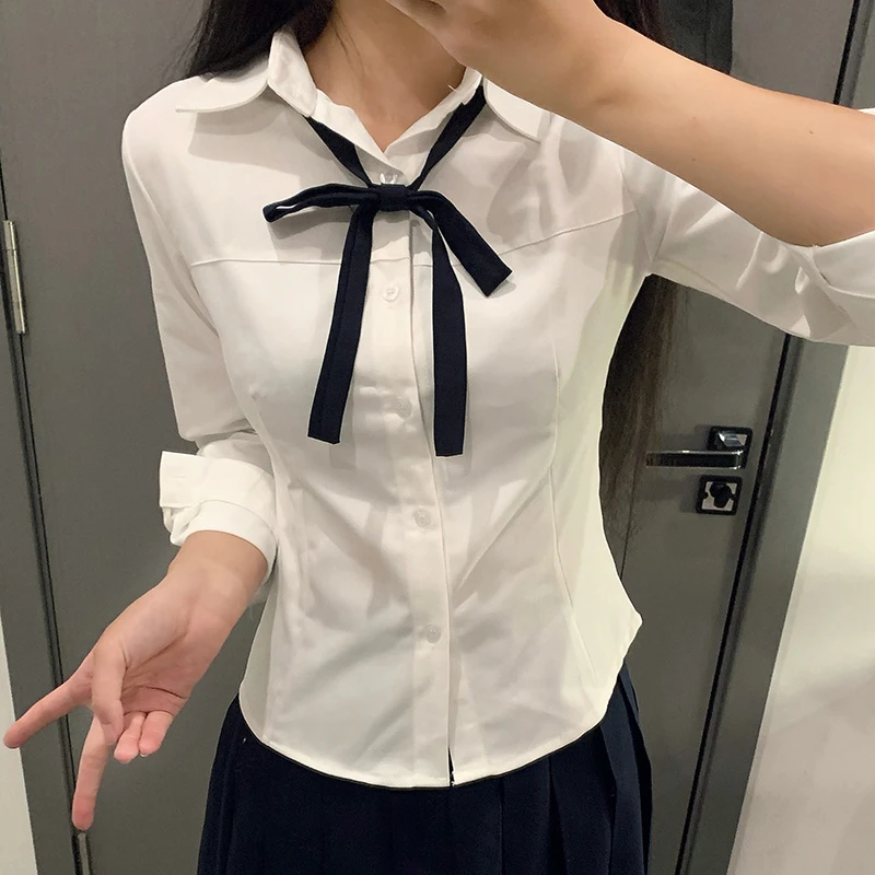 横杠长袖jk衬衫收腰显瘦基础款秋冬学院风内搭抗皱修身白色上衣女