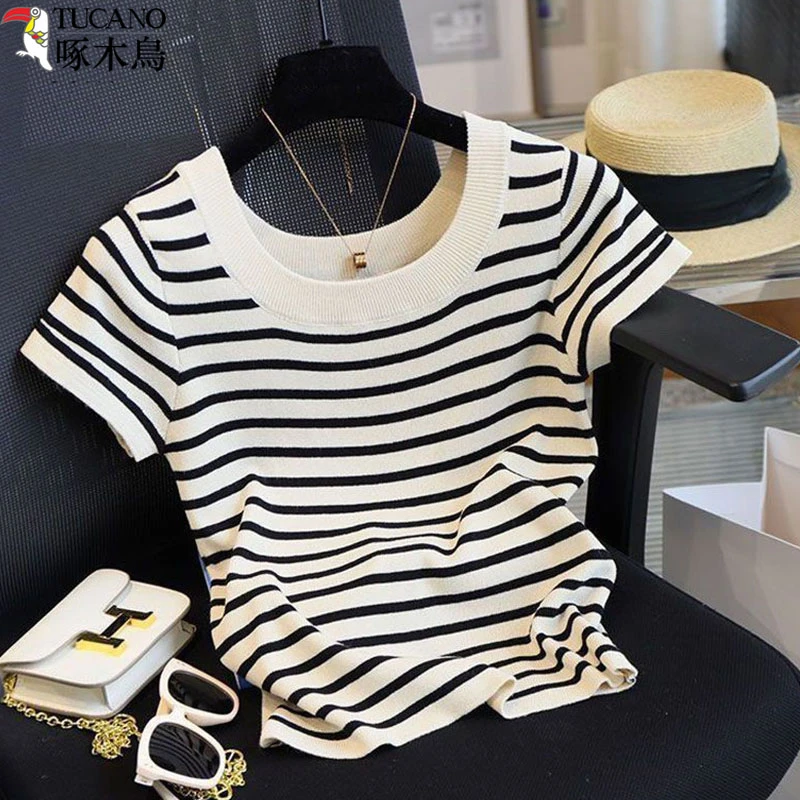 TUCANO/啄木鳥高级感显瘦条纹T恤女夏季新款洋气针织短袖减龄上衣