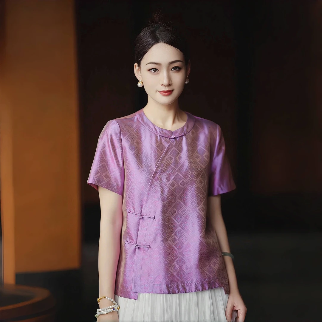 漾姿夏季新款优雅款几何形22姆米流光绸桑蚕丝小衫 XGX256-251007