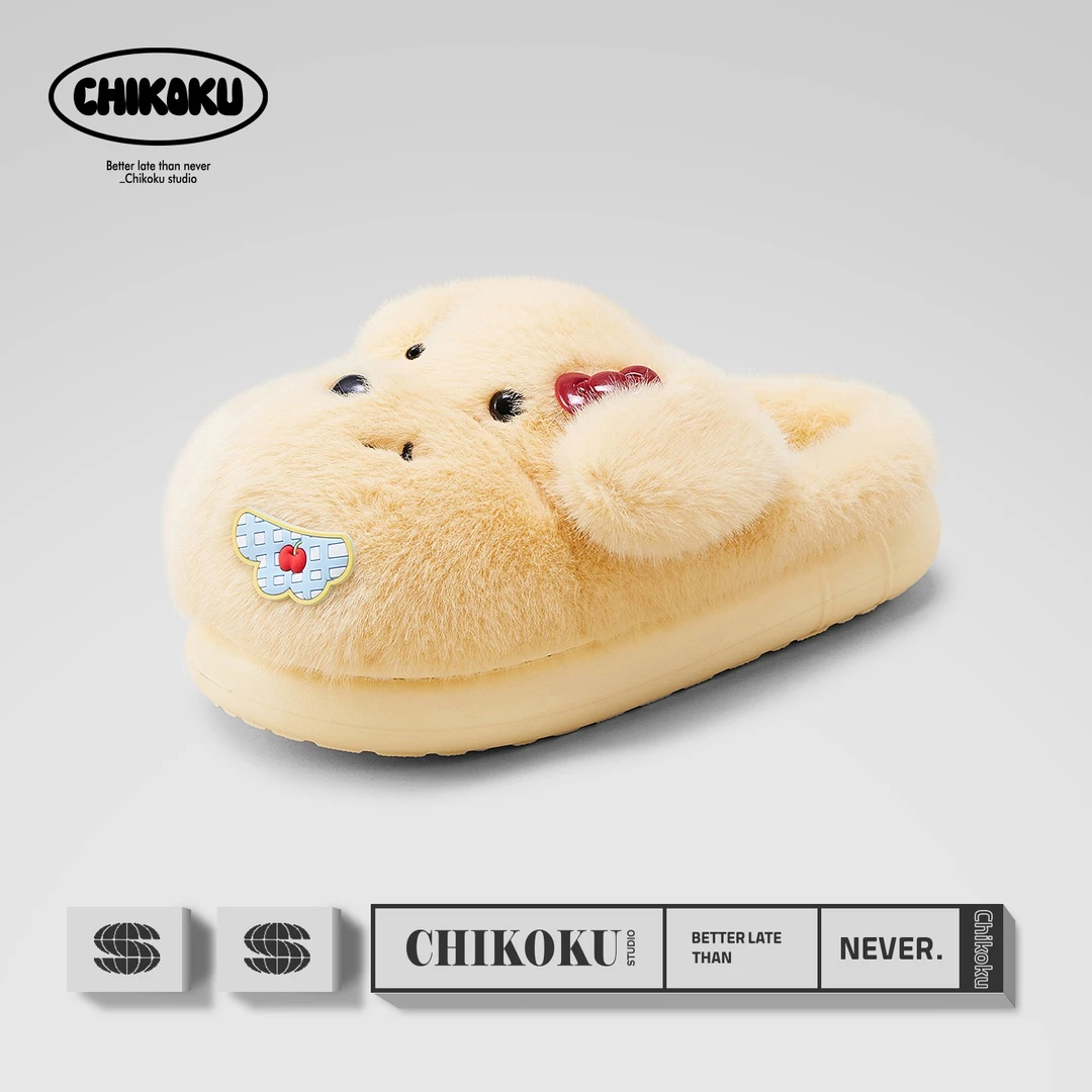 chikoku可爱泡芙小狗棉拖鞋女冬加绒保暖月子鞋情侣居家棉拖