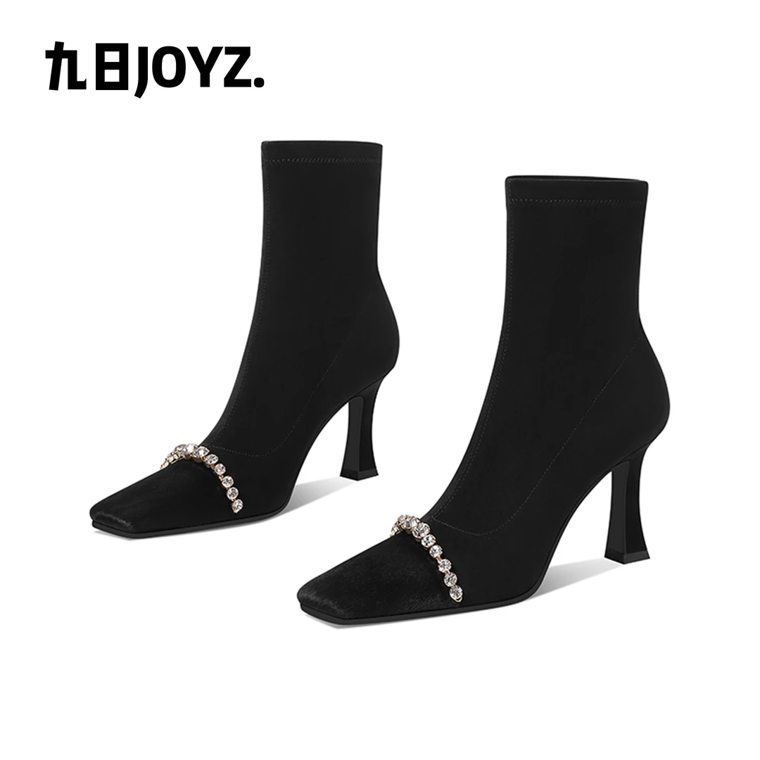 【跟高7cm】2025秋冬新款水钻弹力瘦瘦靴方头粗跟高跟短靴气质女