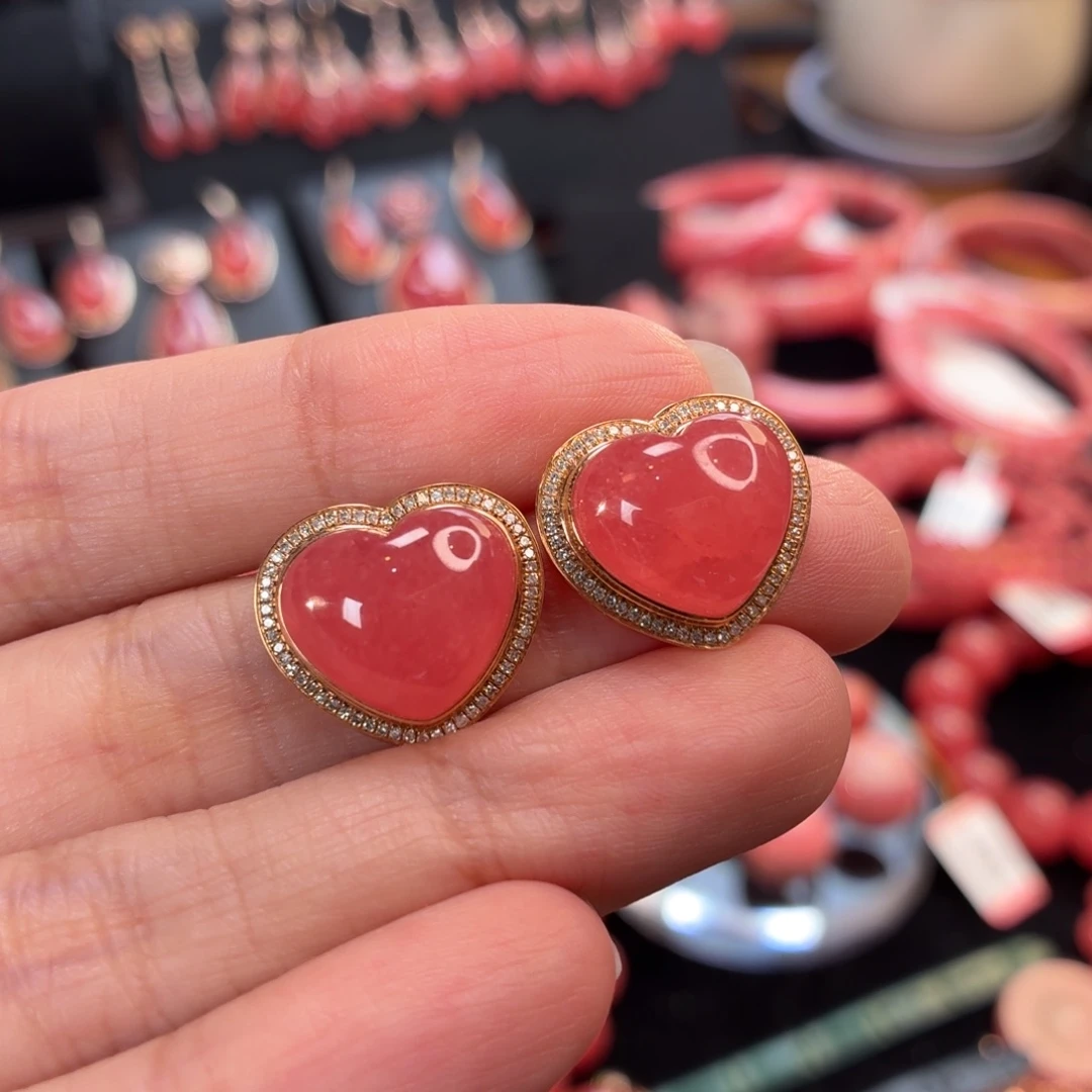 菱锰矿（红纹石）18K金镶嵌耳钉