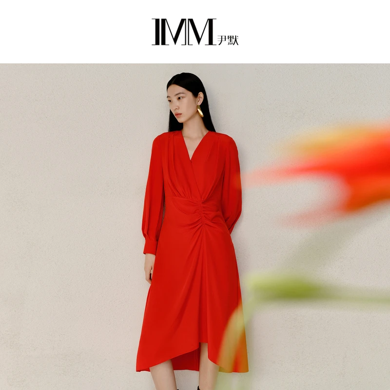 【商场同款】IMM尹默女装秋桑蚕丝垂感V领纽结连衣裙