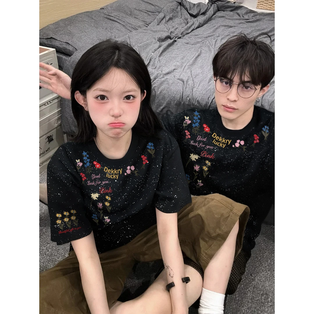 美式潮牌花卉印花短袖T恤男春夏季休闲百搭街头风重磅纯棉上衣女