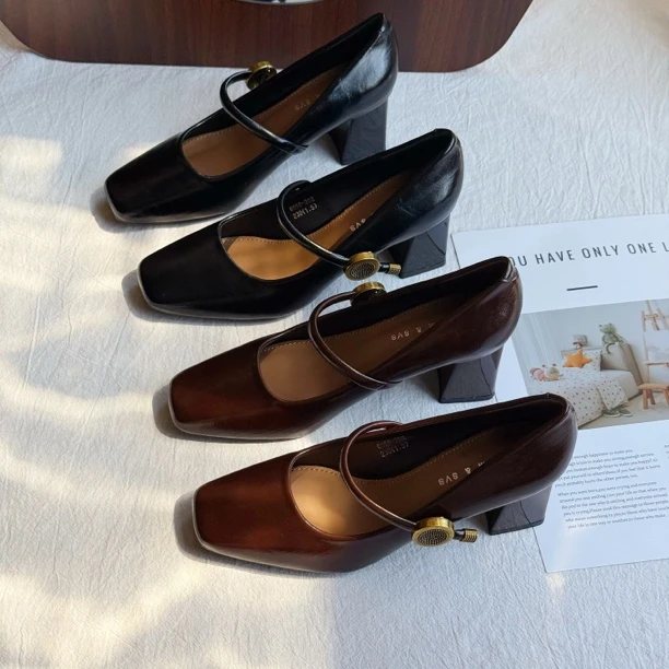 羊皮版～2025新款春秋季粗跟法式玛丽珍鞋配裙裤绝美粗跟高跟鞋女