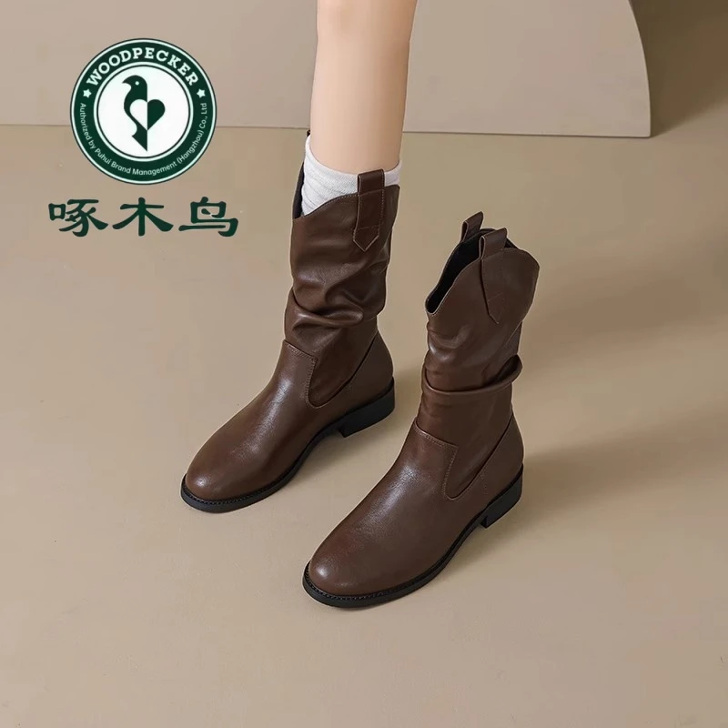 啄木鸟棕色短靴女秋季2025新款皮靴靴子美拉德短靴西部骑士马丁靴