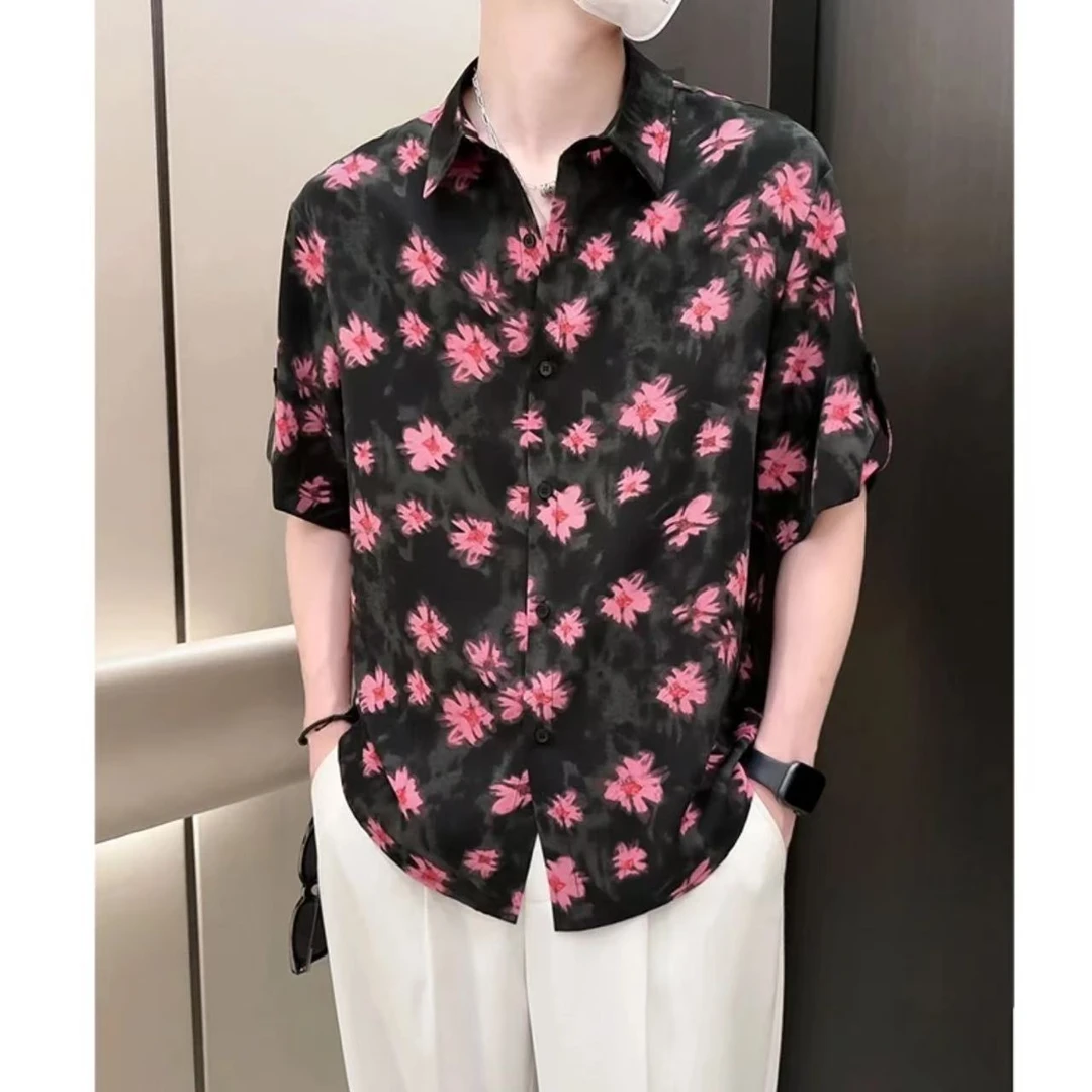 夏季新款垂顺痞帅衬衫休闲时尚凉感衬衫高级感男装冰丝短袖衬衣