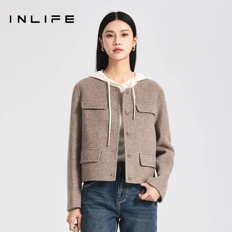 inlife韩系小香风短款羊毛大衣女高级宽松双面呢子外套M23D1N7036