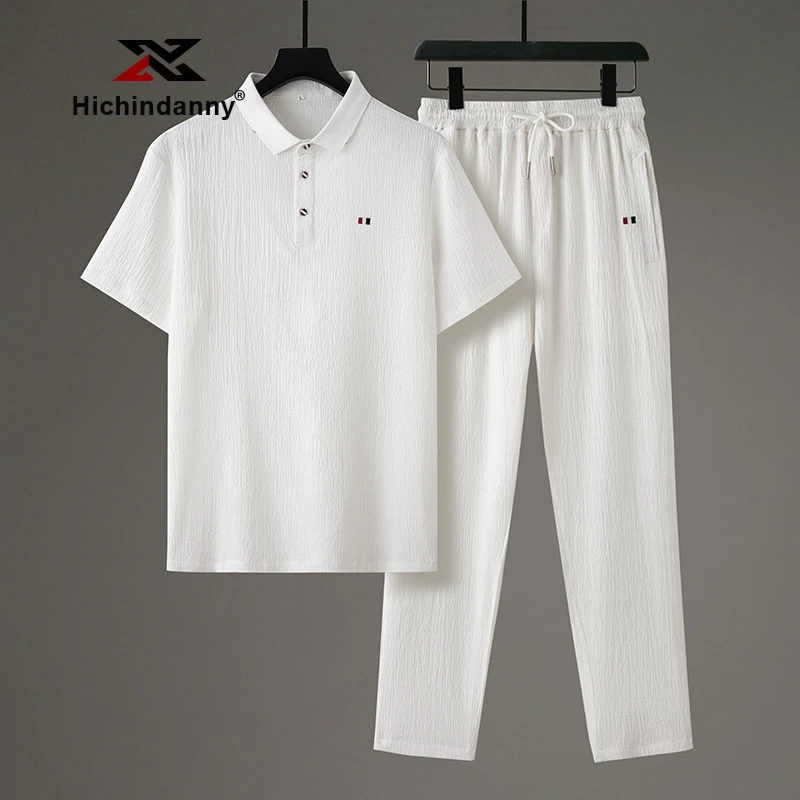 HICHIN弹力休闲运动套装男士夏季薄款宽松透气翻领短袖长裤两件套