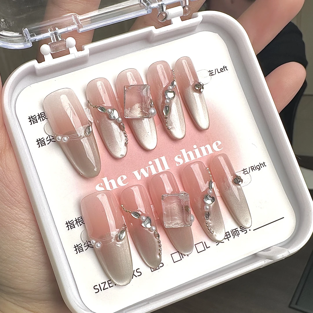 【猫眼方糖】手工中长款显白腮红猫眼法式穿戴甲片高级感美甲贴片