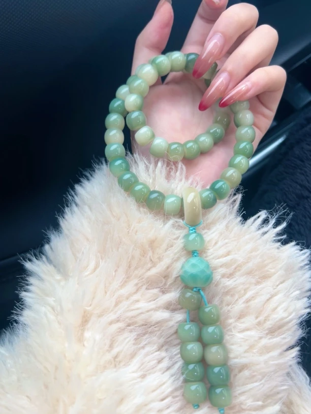 原生态天然菩提根阴皮绿汉堡玉化飘花双圈手持文玩男女菩提手串