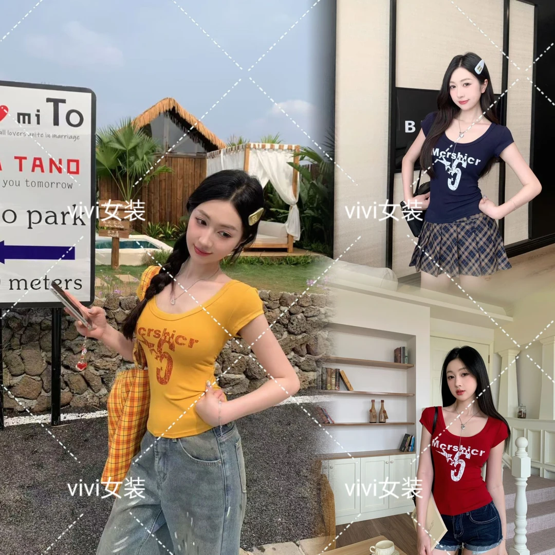 美式辣妹U领印花字母设计感 显瘦夏季百搭休闲短袖T恤女