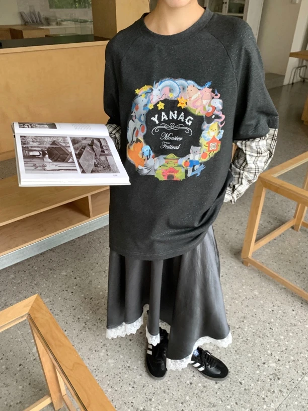 动物庆典花环假两件灰色长袖T