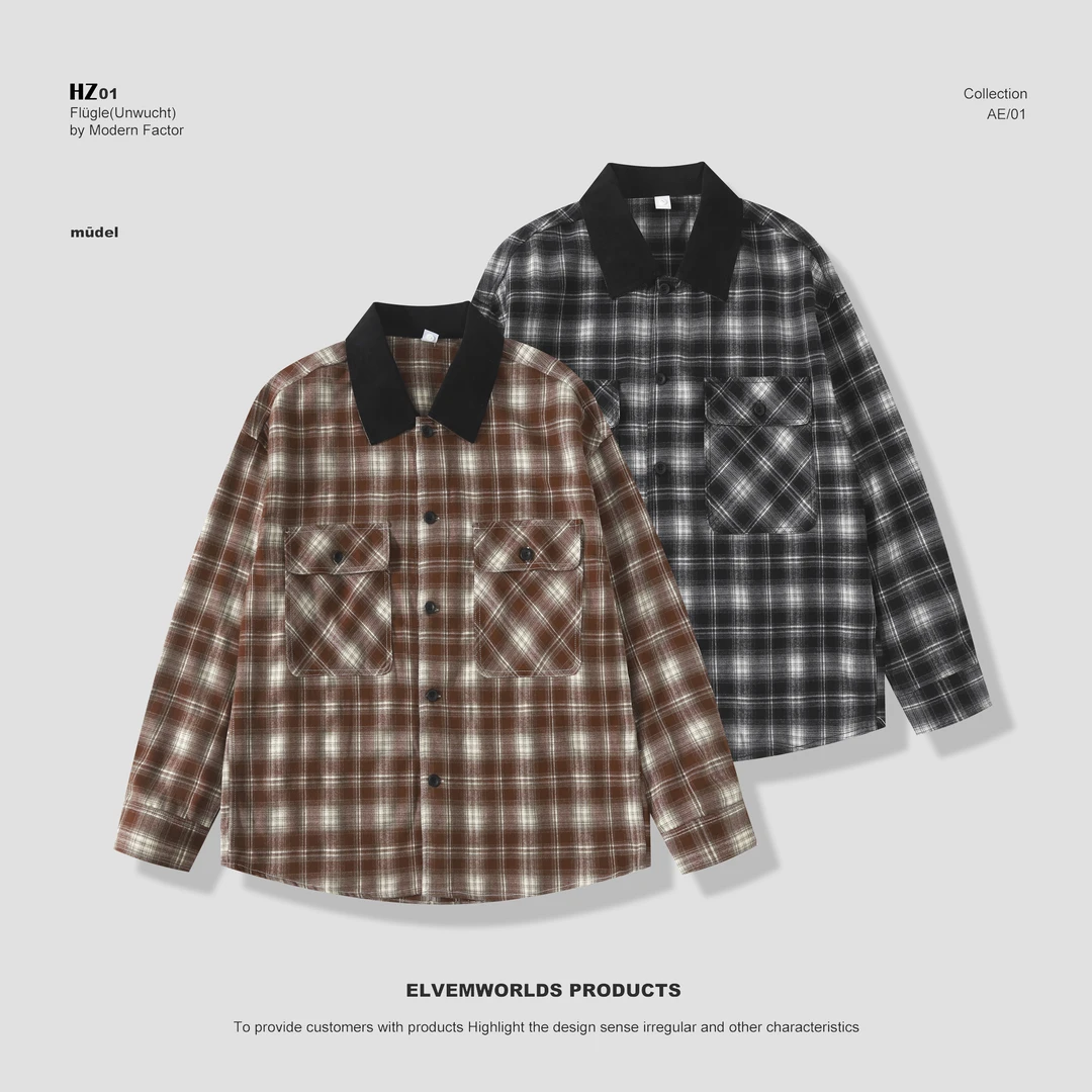 BoyHe【原创男装】春季新款 男士美式复古格子长袖夹克外套宽松