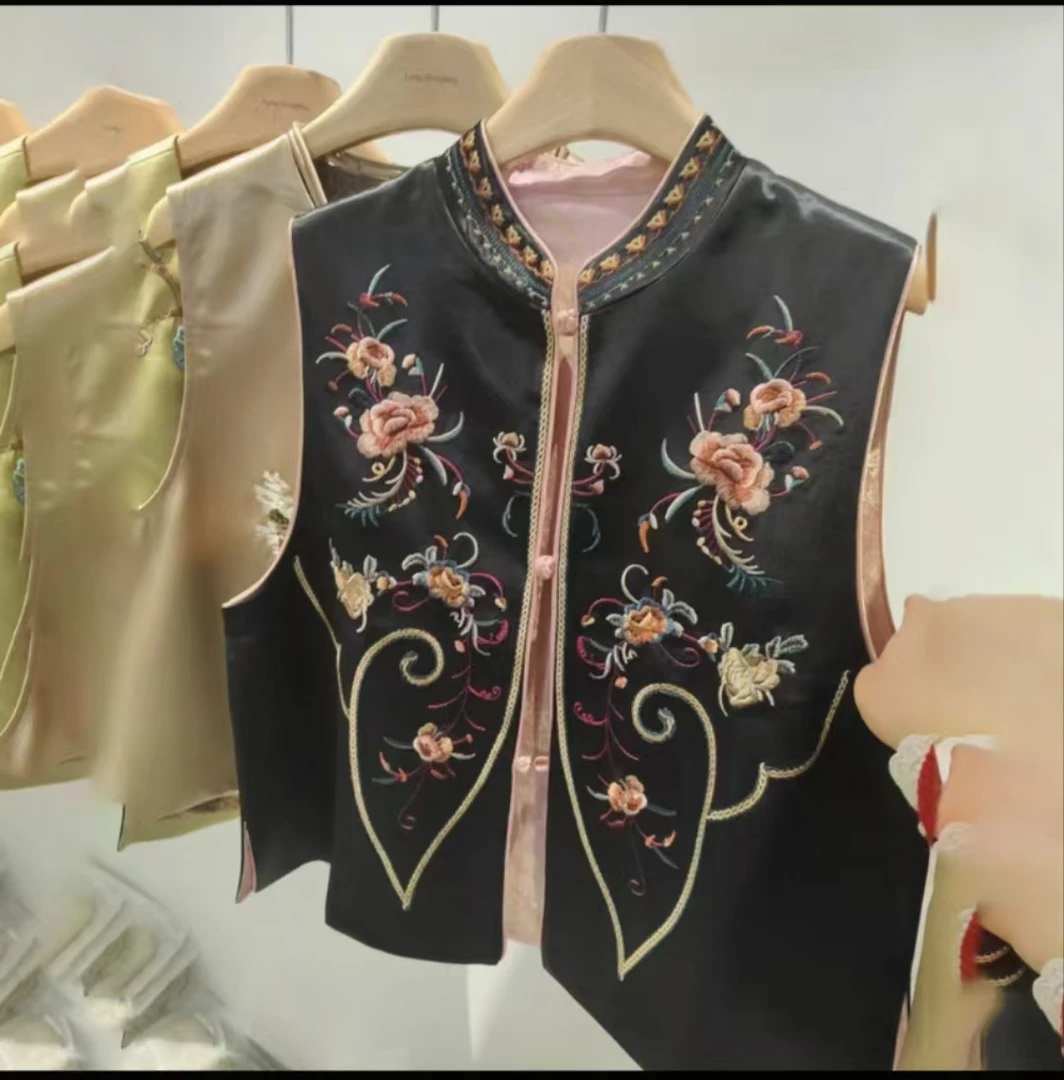 春季立领女装马夹网红纯色复古传统中国风刺绣双层