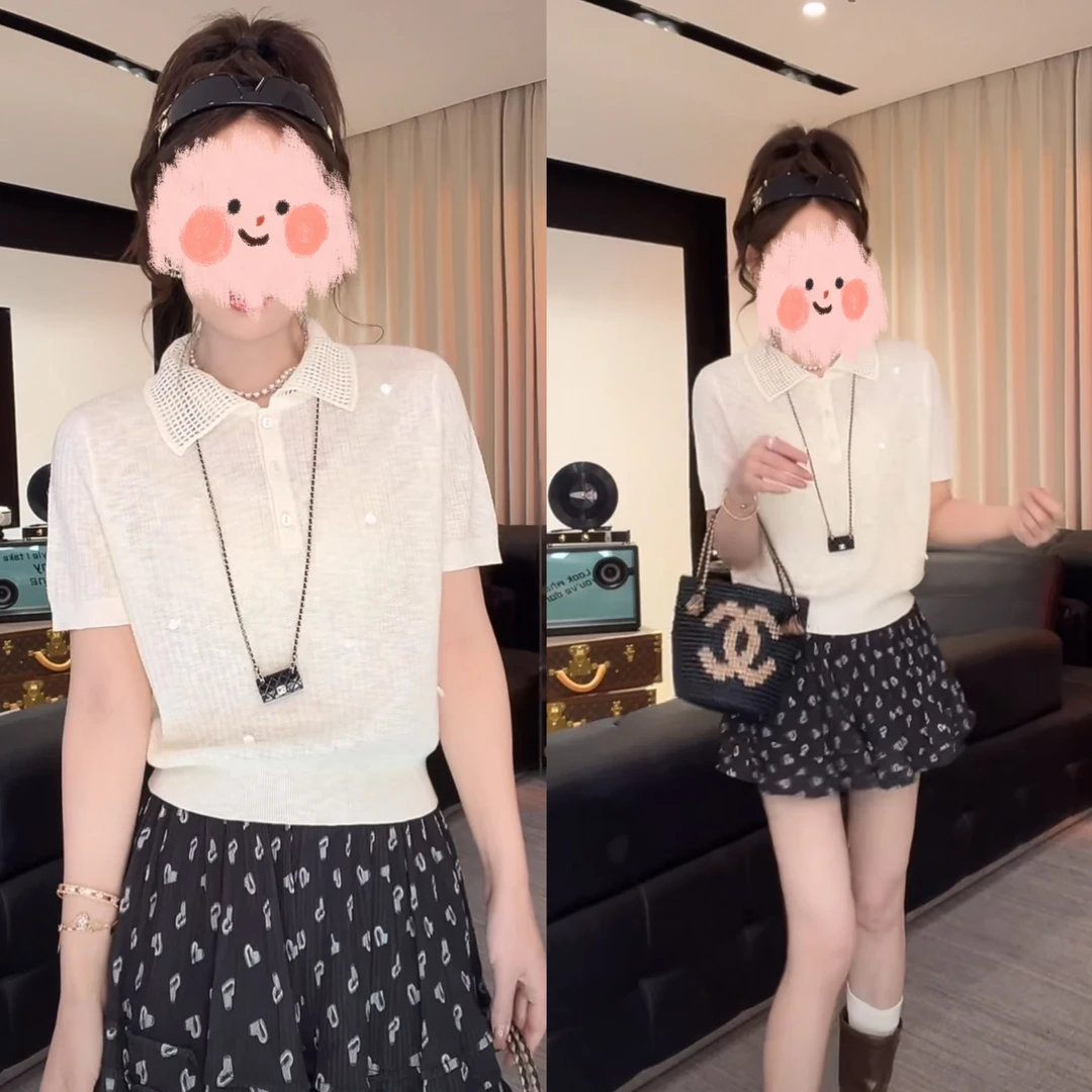 新品POLO领设计感韩系针织T恤+新品夏季碎花减龄休闲显瘦短裤