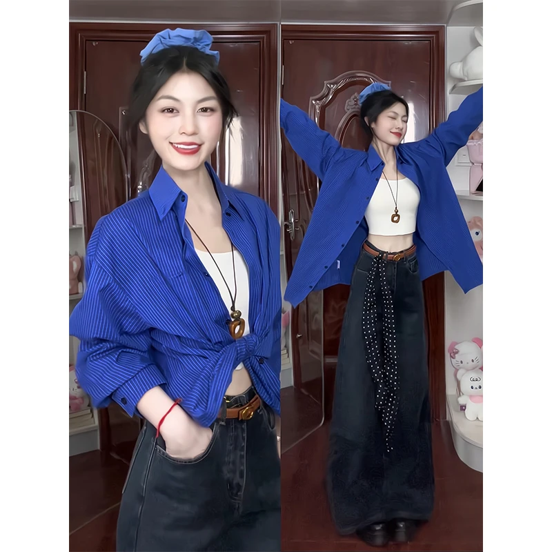 韩版蓝色长袖格子衬衫外套女2025秋季新款宽松衬衣深蓝显瘦牛仔裤