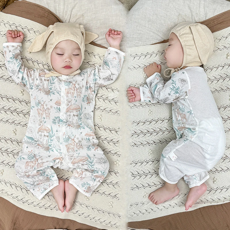 婴儿夏季薄连体衣透气哈衣长袖空调服背部网眼新生儿衣服宝宝夏装