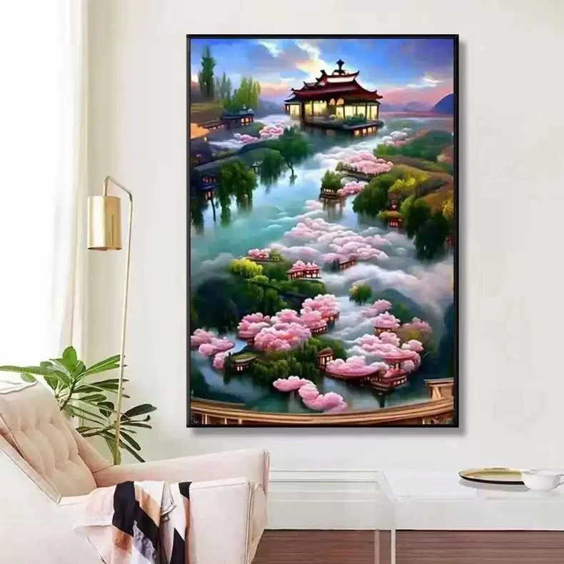 纯手工十字绣成品人工绣好的图人间仙境山水风景竖版72乘52客厅
