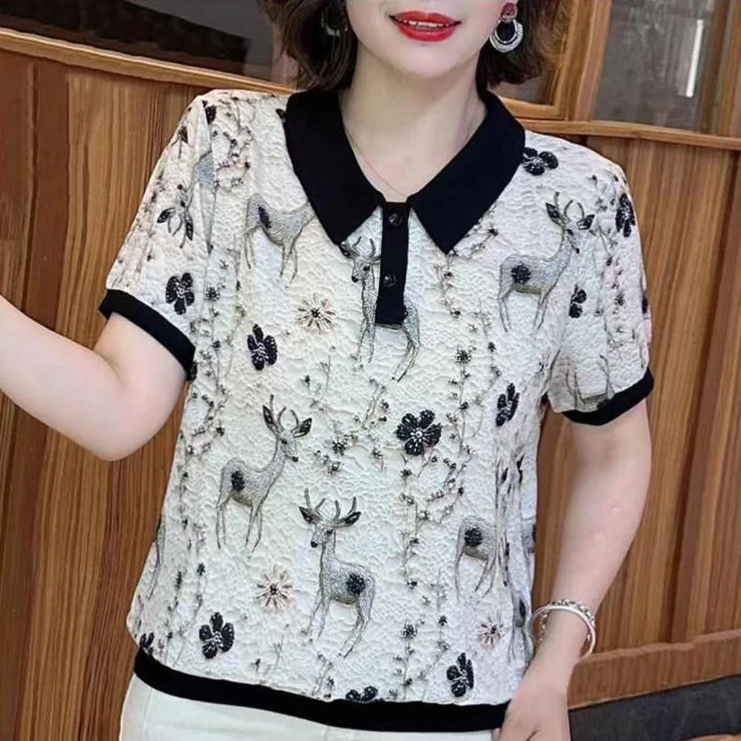 夏季新款妈妈装薄款翻领小鹿减龄宽松显瘦T恤中老年短袖上衣