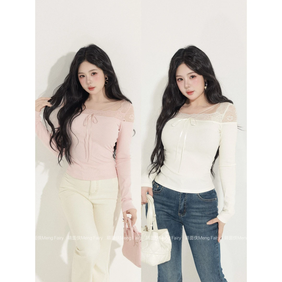 萌面侠【玉软柔香】纯欲拼接蕾丝绑带蝴蝶结针织上衣7127M