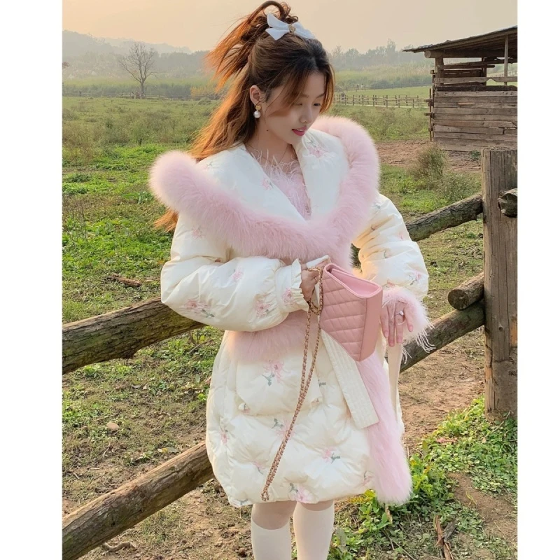 【白鸭绒】868白桃香槟少女绣花中长款棉服外套