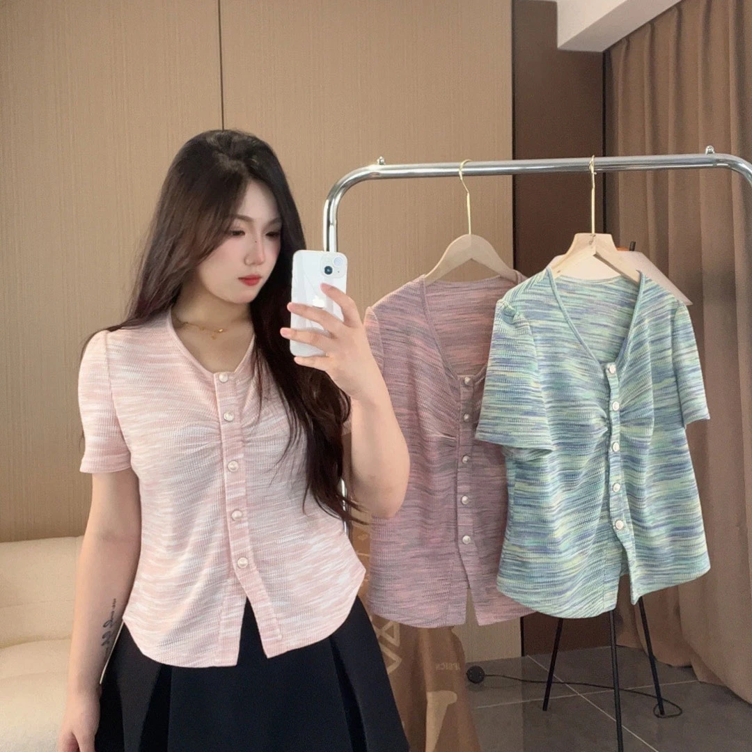 【又又】夏季新款胖MM晕染气质V领短袖T恤设计感开叉遮肉显瘦上衣