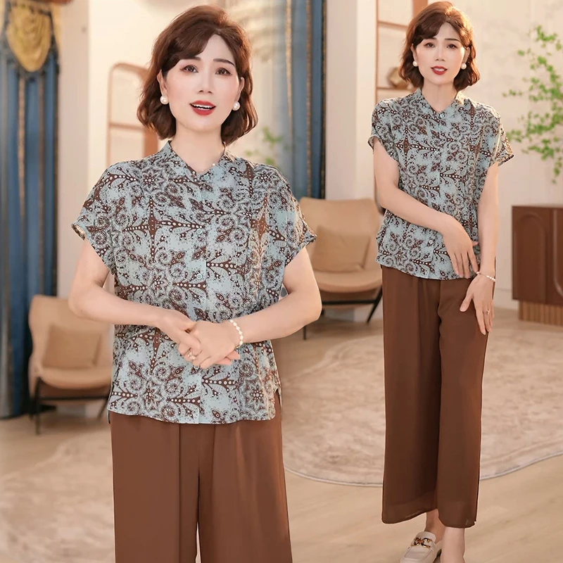 2025新款妈妈装夏季时尚洋气质中老年女装宽松新中式小衫t恤套装