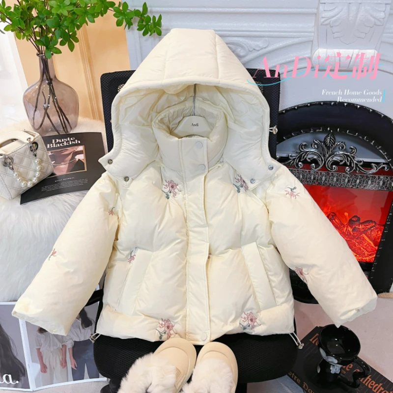 〖ANDI〗订制冬季新款女童中大童花朵刺绣连帽羽绒服3389