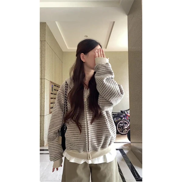 韩系撞色条纹连帽卫衣外套女春秋2025新款拉链短款上衣+裤子套装
