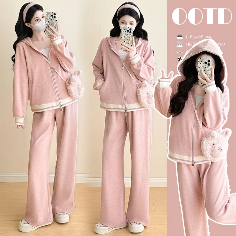 孕妇装2025秋季新款韩版甜美减龄休闲连帽卫衣+直筒阔腿裤两件套