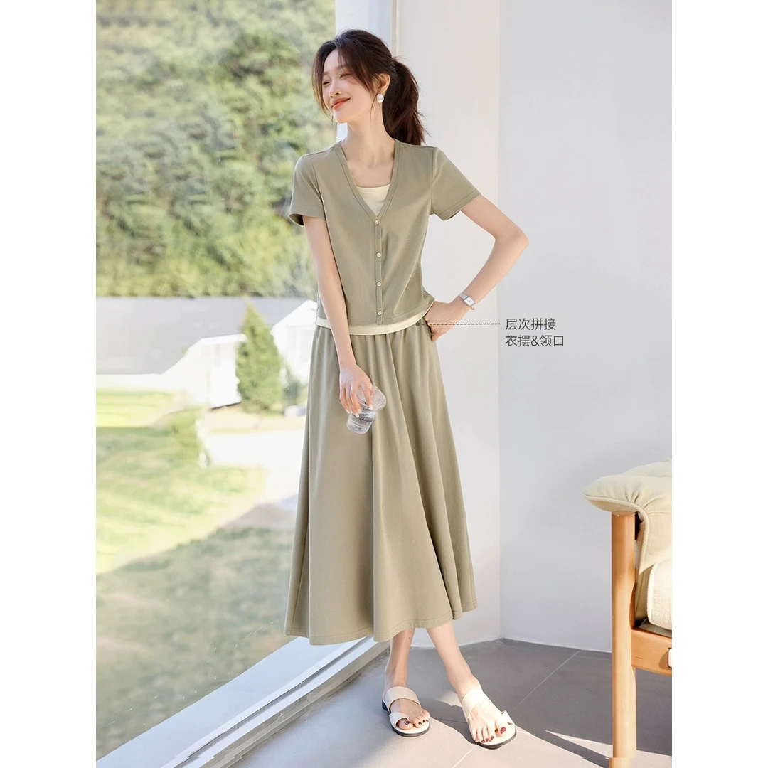 撞色假两件休闲T恤半身裙套装2025夏季新款设计感女套装显瘦气质