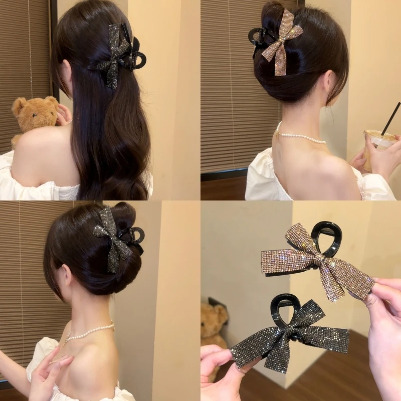 新款闪闪蝴蝶结鲨鱼夹高级感发卡后脑勺盘发夹发饰发卡抓夹发饰