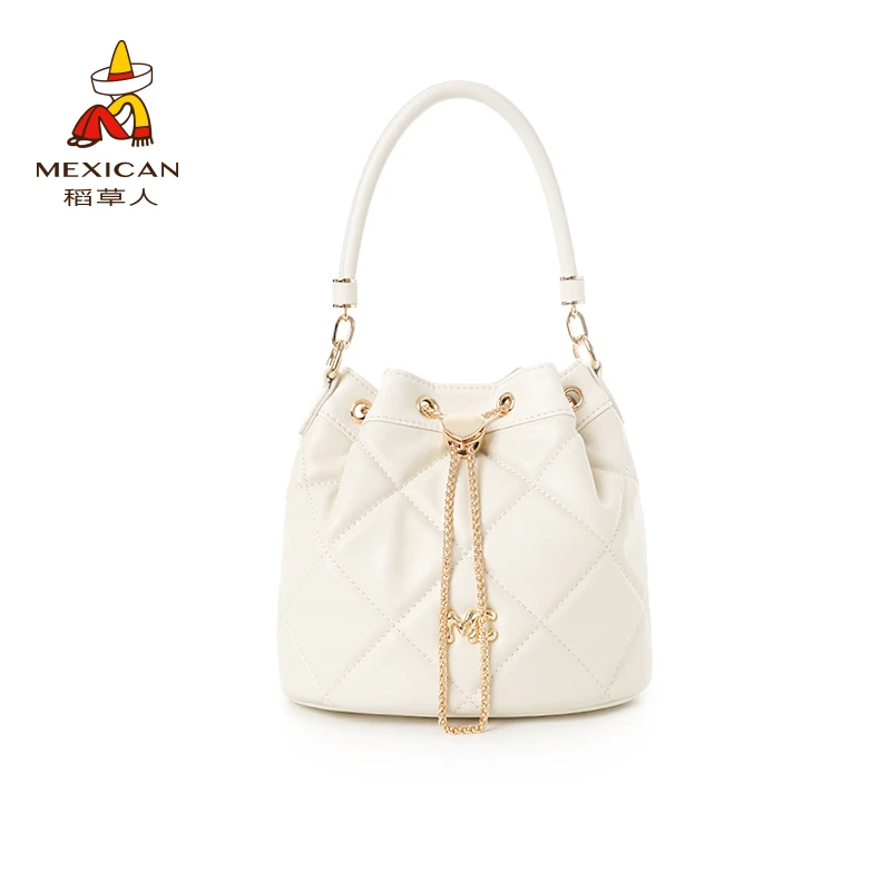 稻草人2025夏新款头层牛皮女士水桶包单肩斜挎包菱格轻奢高级感包